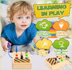Montessori Wooden Busy Board Toy for Toddler with switches, buttons, LED lights
